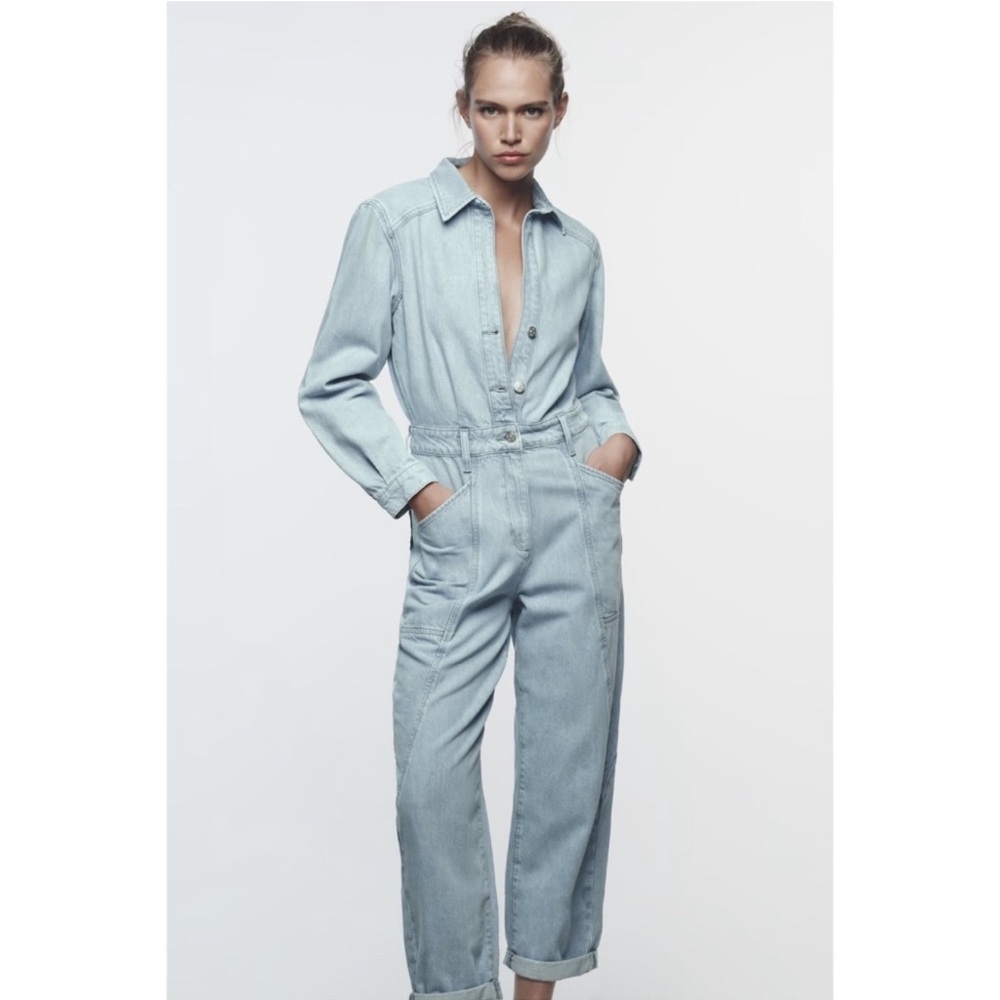 Zara Light Blue Cropped Jumpsuit